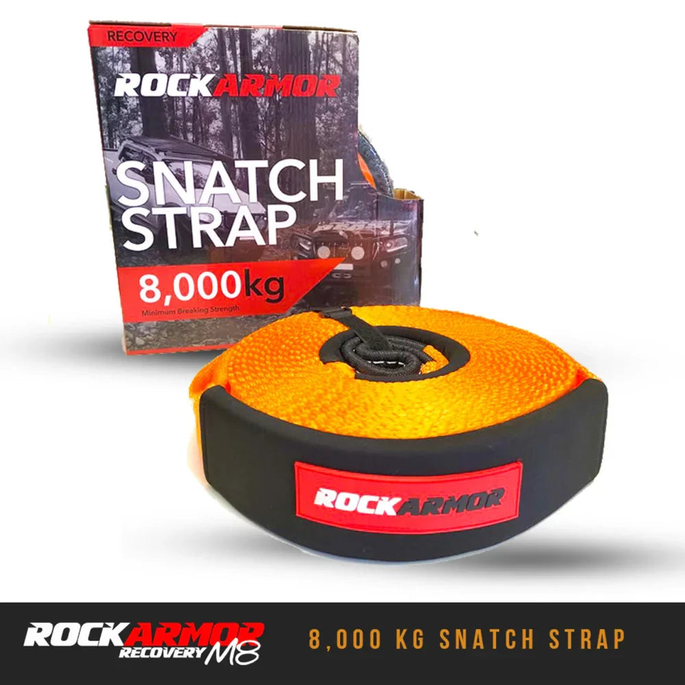 Orange and black Rockarmor 8000kg snatch strap for 4x4 recovery and off-road use