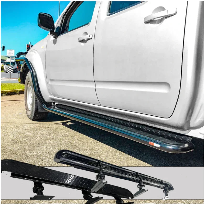 Silver pickup truck with black running boards featuring Rockarmor Brushbar for Nissan Navara