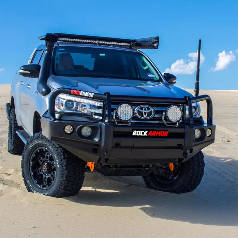 Silver Toyota Hilux with elite bullbar and synthetic winch rope for 2015-2020 models