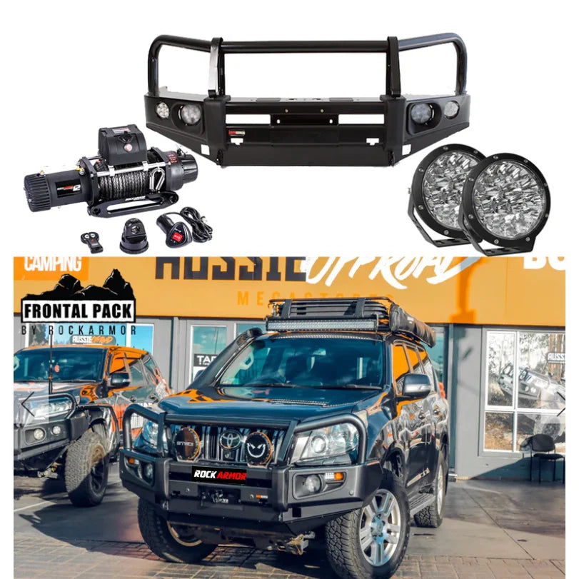 Off-road vehicle frontal pack featuring elite bullbar with synthetic winch rope for Toyota Prado