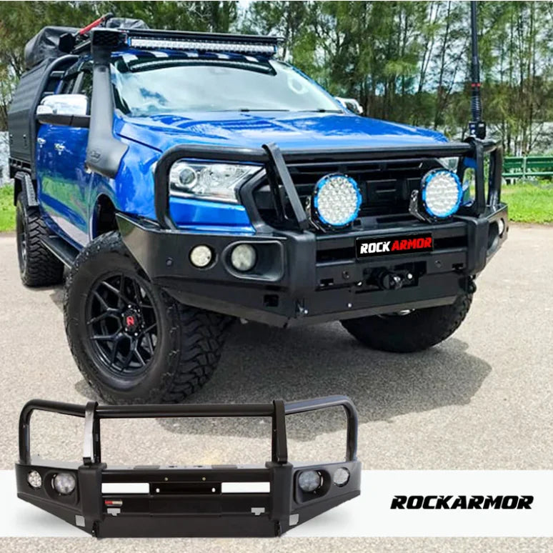 Blue off-road truck with black bull bar featuring elite steel bullbar for Ford Ranger Px1-2