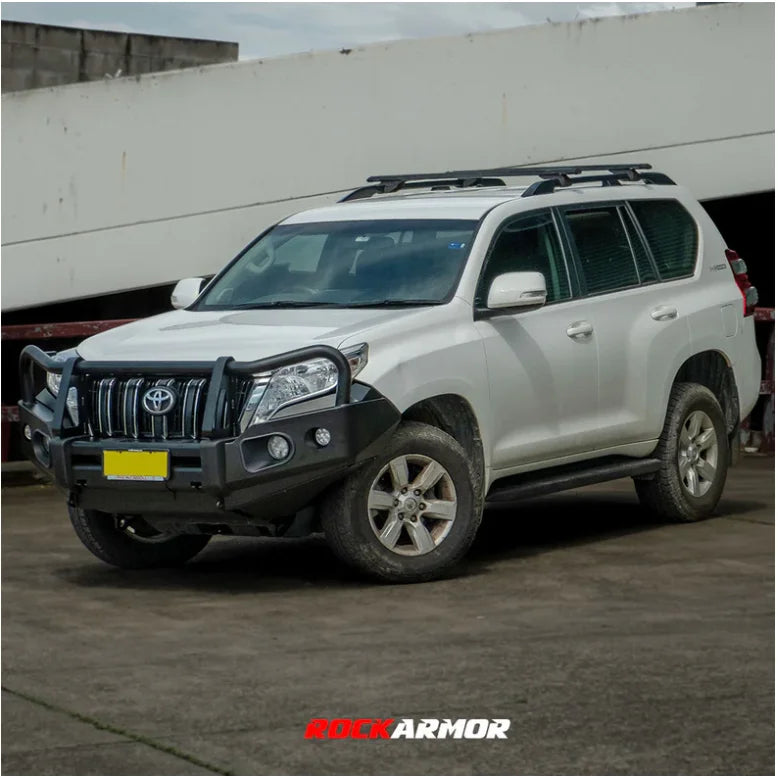 White SUV with elite steel bullbar and roof rack showcasing the Rockarmor Elite Steel Bullbar for Toyota Prado Fj150