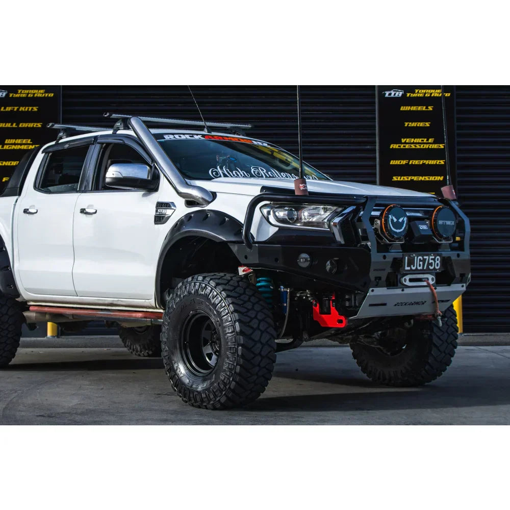 Modified white ford ranger px2 with rockarmor gt steel hoop bullbar full bar replacement in steel finish