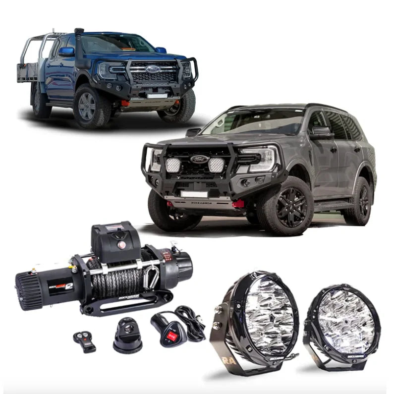 Off-road vehicle accessories featuring a steel hoop bull bar and driving lights for Ford Everest Next Gen 2022+