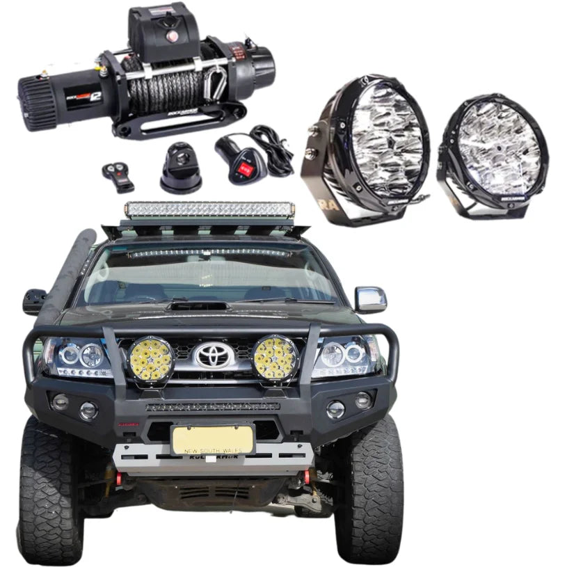 Off-road vehicle accessories featuring Rockarmor GT Steel Hoop Bullbar Combo Pack for Toyota Hilux N70