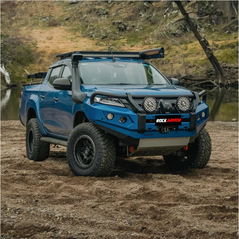 Blue off-road pickup truck with Rockarmor GT Steel Hoop Bullbar for Mitsubishi MR Triton