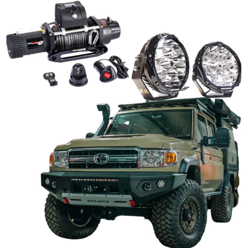 Off-road vehicle accessories featuring Rockarmor GT Steel Bull Bar and driving lights for Toyota Landcruiser