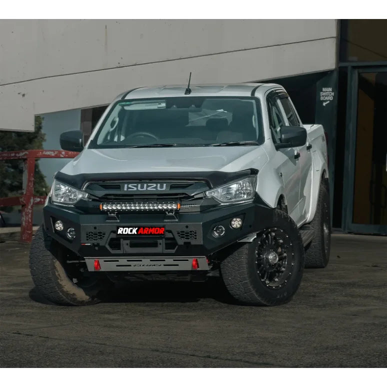 White Isuzu pickup truck with Rockarmor GT Bull steel bull bar and driving lights