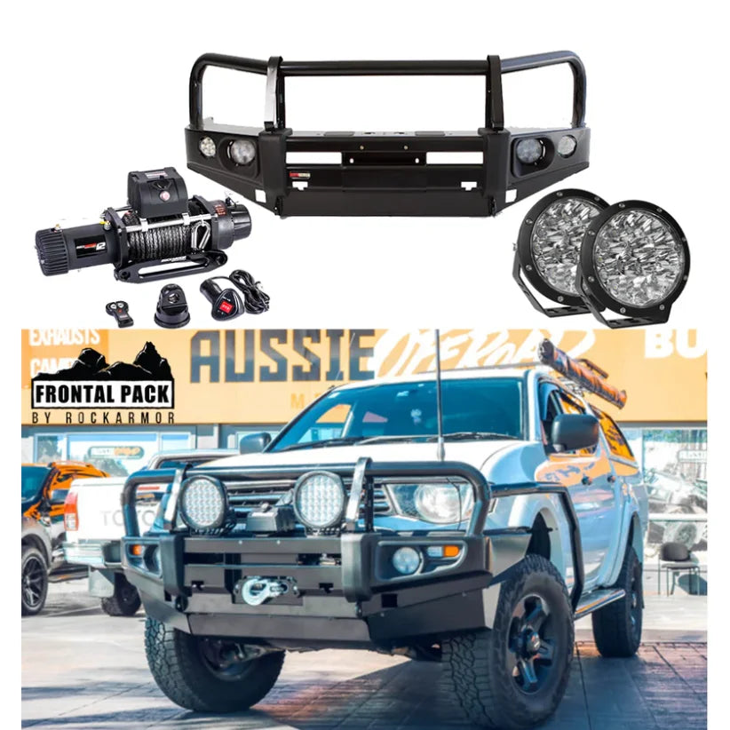 Off-road vehicle frontal protection pack with bull bar, driving lights, and synthetic winch rope for Mitsubishi Triton Challenger 2009-2015