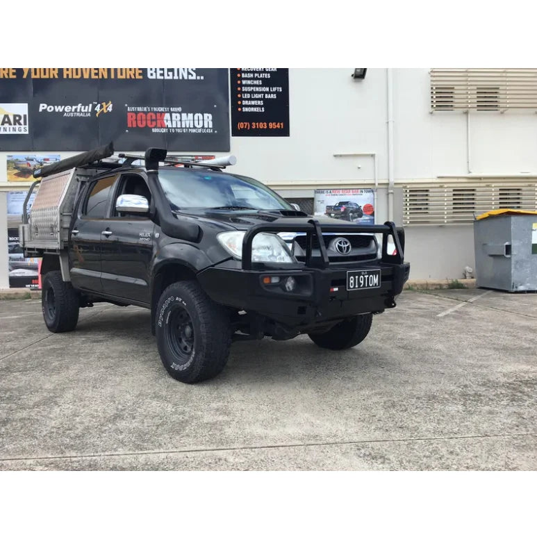 Black modified Toyota Hilux pickup truck with Rockarmor premium steel bullbar nonlinear for Toyota Hilux N70 2005-2011