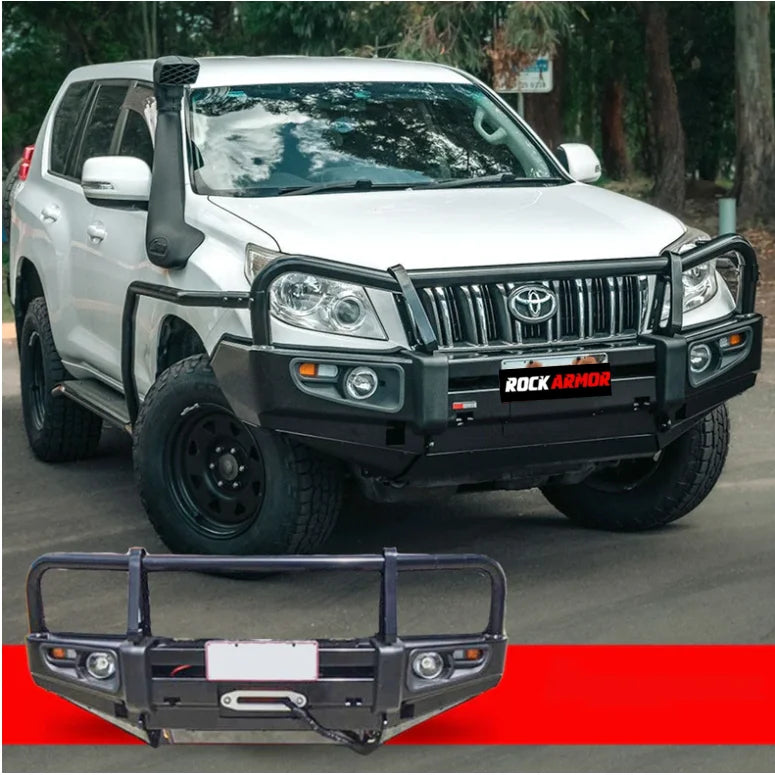 White SUV with black bull bar featuring fog lights, premium steel bullbar for Toyota Prado Fj150