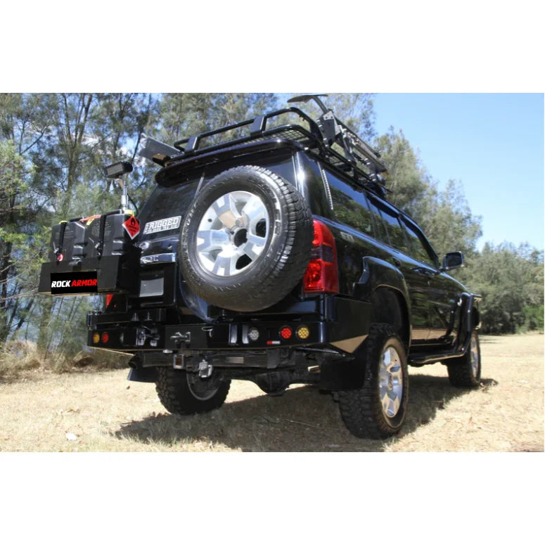 Black off-road vehicle with wheel carrier and spare wheel mount, fitting video available