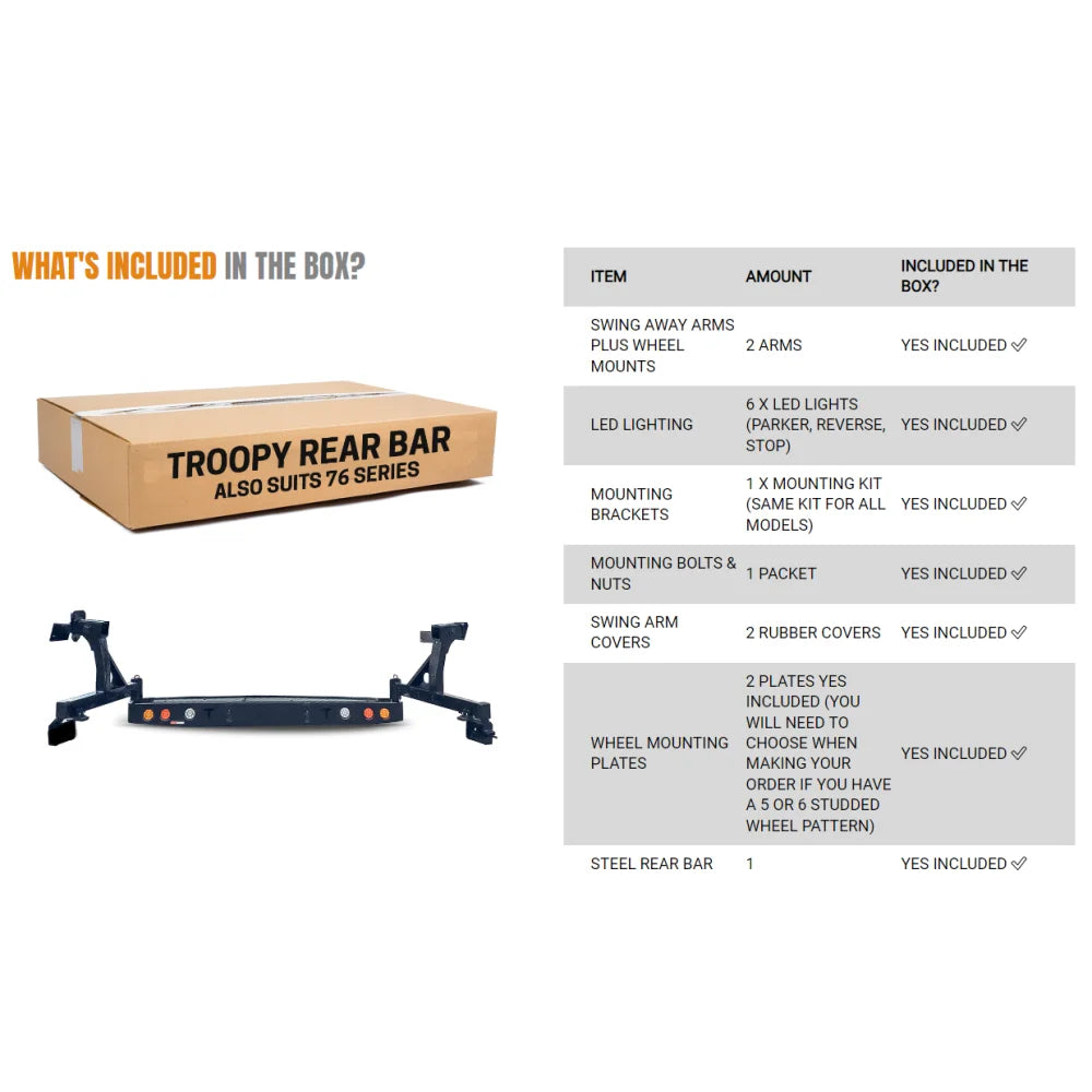 Troopy rear bar with dual wheel carrier for Toyota Landcruiser Fj75, Fj76, Fj78 spare wheel