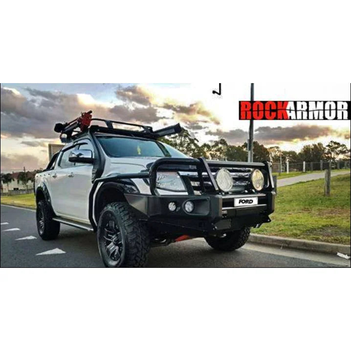 White Ford pickup with black accessories and steel checker plate Rockslider side steps