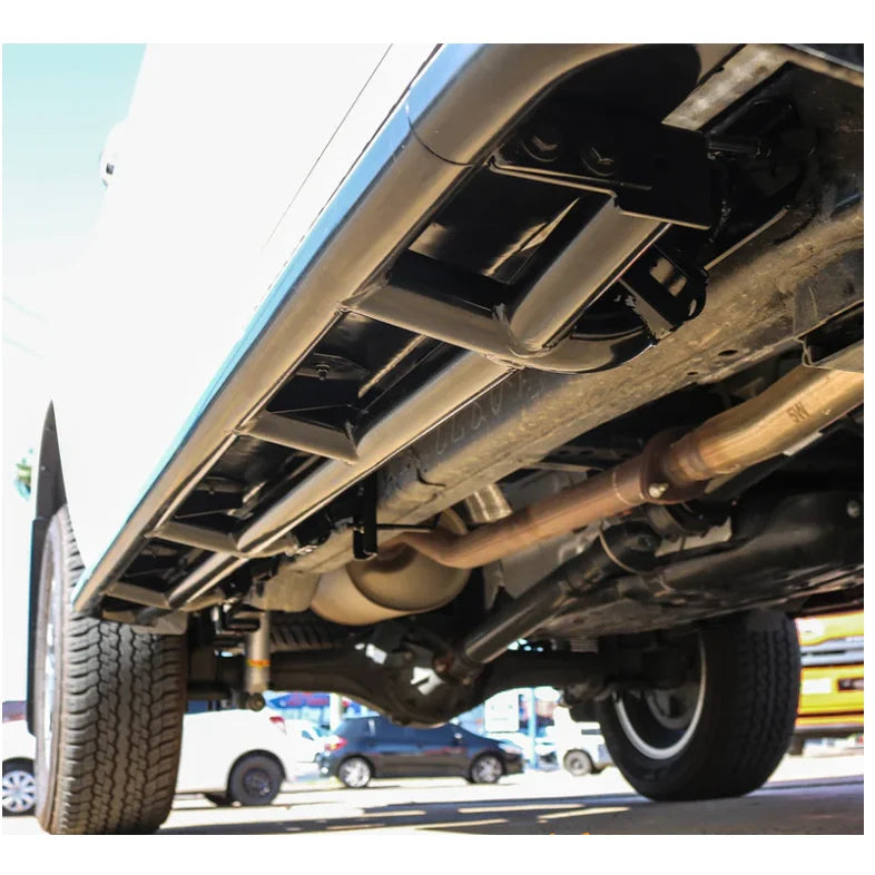 Steel checker plate truck undercarriage with exhaust system, fitting video for Rockarmor Side Steps