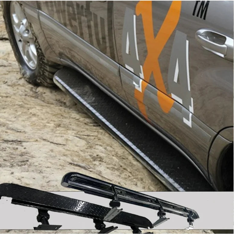 Black running boards featuring steel checker plate surface for Toyota Landcruiser FJ100