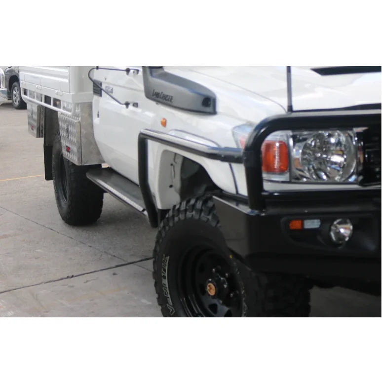 White utility truck with black bull bar and steel checker plate for Toyota Landcruiser