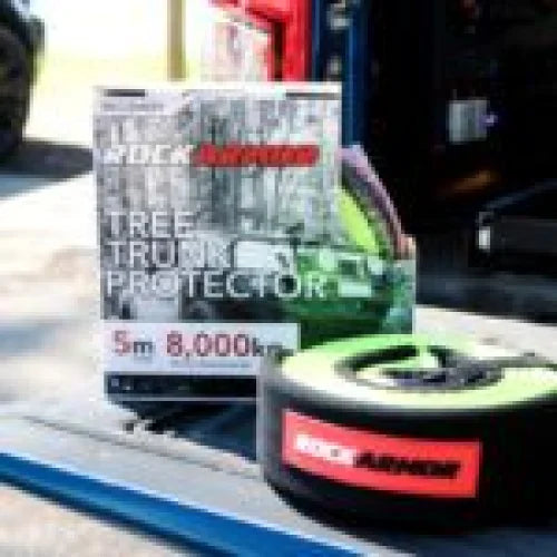 Rockarmor tree trunk protector 5m 8000kg in green heavy-duty material designed for 4x4 vehicle tree protection