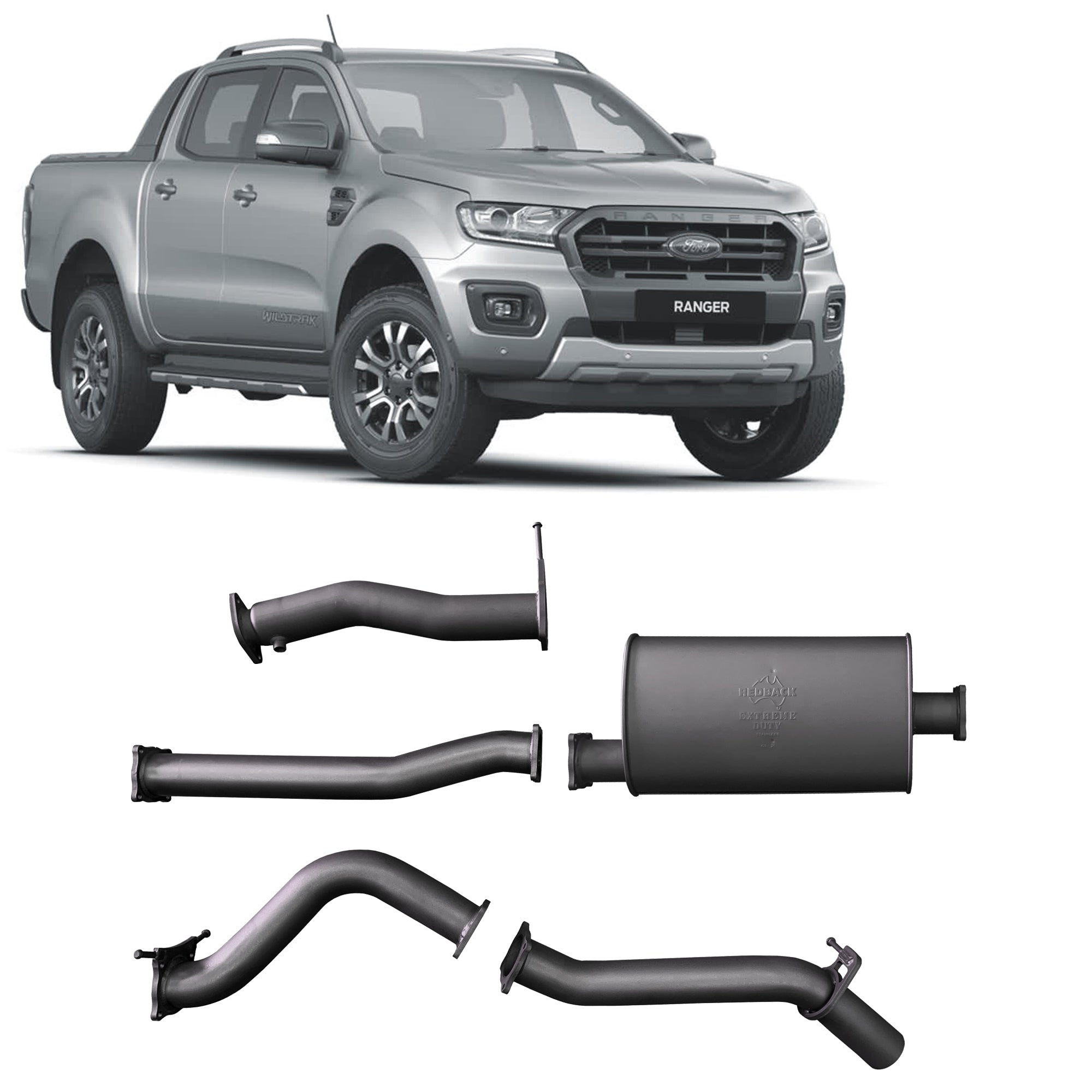 Redback Extreme Duty Exhaust for Ford Ranger 3.2L (07/2016 - 05/2022) - Large Muffler (Quiet) - 4x4 Performance System