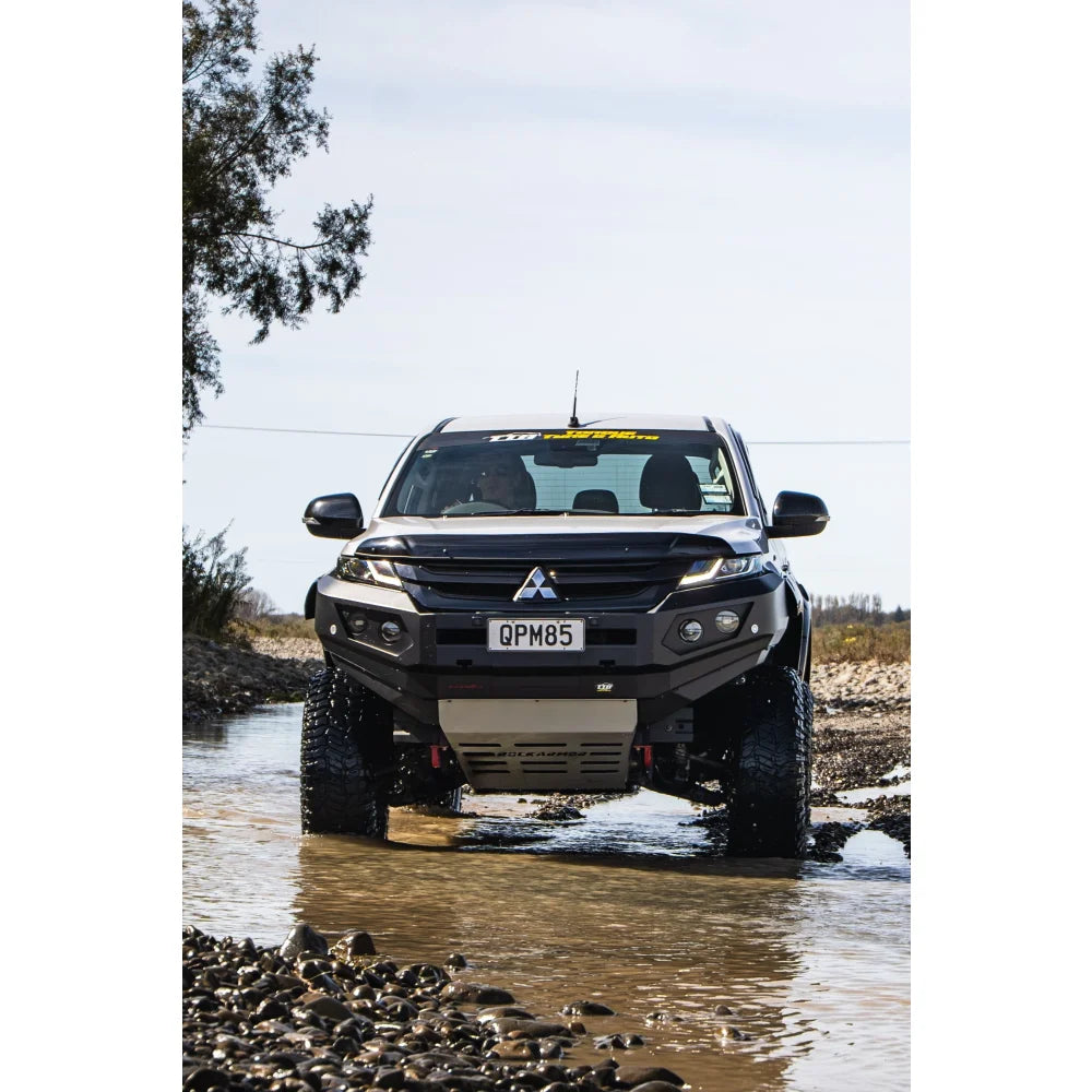 Black mitsubishi mr triton off-road truck equipped with rockarmor gt steel hoopless bullbar and synthetic winch rope combo pack
