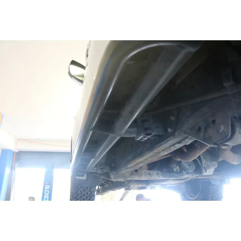 Underside view of steel rockslider checker plate step full bar replacement for toyota prado 250 2024 to current chassis